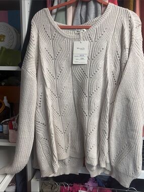 Miracle Cream Open-Leaf Knit Scoop Neck Sweater